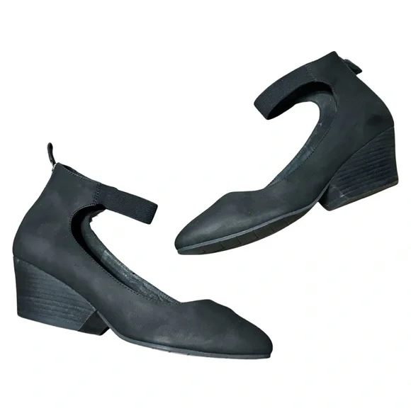 FINAL PRICE Eileen Fisher - Liza Nubuck Leather Ankle Strap Pumps - Black - 9 - Picture 2 of 6